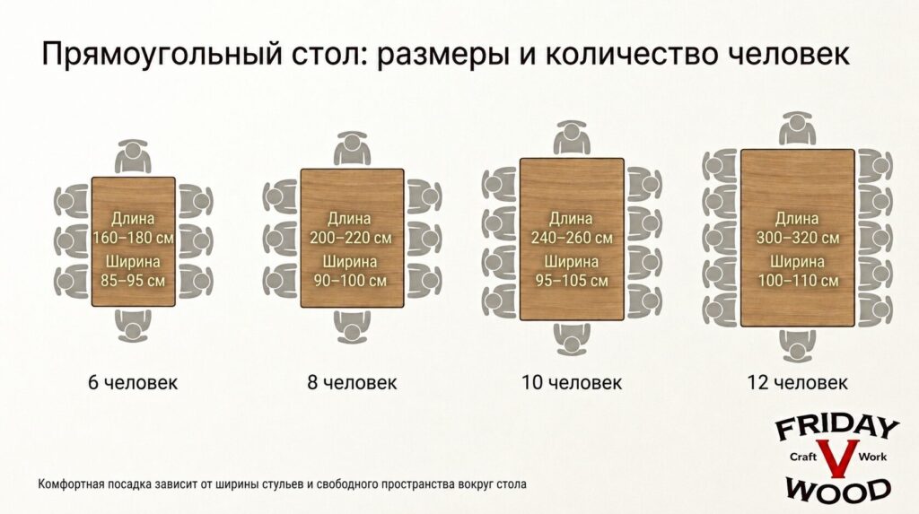 Схема размеров прямоугольного стола на 6, 8, 10 и 12 человек